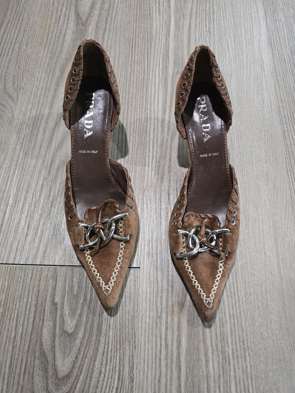Prada Brown Suede Pointed Chain-Embellished Pumps Vintage